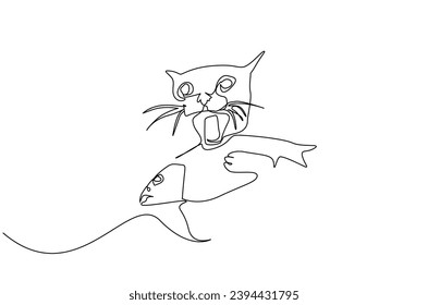 Hungry cat catches a fish and runs away one line art design