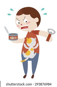 hungry cat climb man cartoon vector