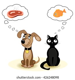 Hungry cat and dog dreaming of a different food. Vector illustration