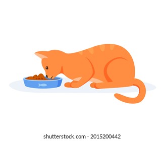 Hungry cat eating food from bowl. Red domestic cat having good appetite. Feeding pet with kibble or wet food. Flat style vector