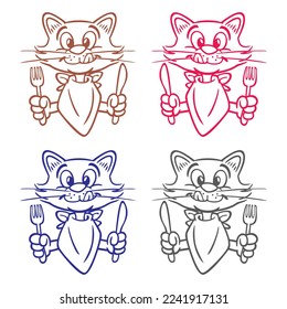 Hungry Cat Holding Fork And Knife Vector Illustration. Cat Cartoon Character

