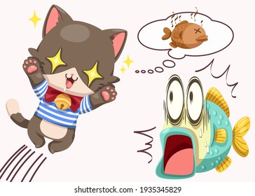 Hungry cat and shock fish in cartoon character,  isolated cute funny kitten and fish background poster Collection, cartoon characters in kids concept, flat Colorful vector illustration