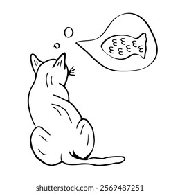 A hungry cat is thinking about fish. Vector illustration, hand-drawn contour silhouette of a cat. The concept of an animal shelter, cat food, a drawing with a place for text.