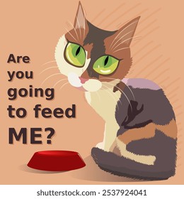 Hungry cat. Vector illustration. Feed the cat.