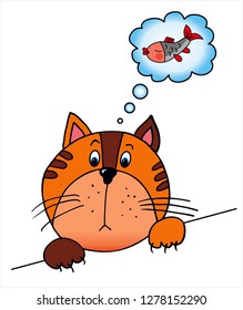 Hungry cat is waithing for the fish. Colored vector for card or gift. 