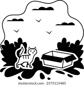 Hungry cat wants to eat vector design, Pet foster and hotel Symbol, kennel animals Sign, Human-animal interaction scene illustration, Kitty with Empty Feed box Waiting for food concept