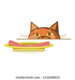 hungry cat wants to steal a sausage from the table