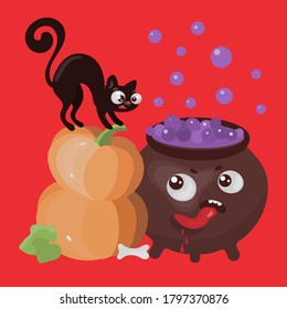HUNGRY CAULDRON Halloween Cat Funny Flat Design Cartoon Hand Drawn Vector Illustration Set For Print