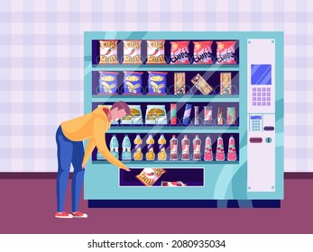 Hungry character use vending machine to choose snack for business lunch. Man buying fast food chips, sandwich, chocolate bar, sprite, soda, cola, fanta, candy to eat. Cartoon vector illustration