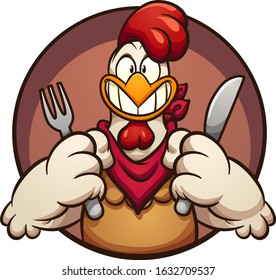 Hungry chicken holding a fork and knife coming out of a circular hole. Vector cartoon clip art illustration with simple gradients.All on a single layer.
