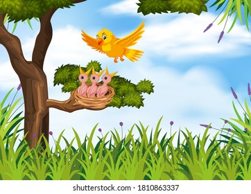 Hungry chicks on the nest illustration