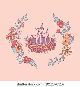 Hungry Chicks sitting in the nest. Illustration with spring flowers, leaves and branches. Vector clipart. Isolated on a white background.