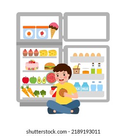 Hungry Child Eating Food With Opening Refrigerator In Flat Design On White Background.