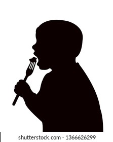 hungry child eating, silhouette vector