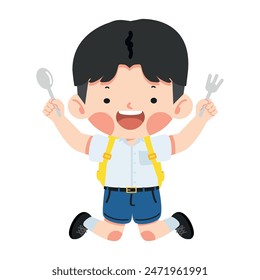 Un niño hambriento sosteniendo un tenedor y una cuchara