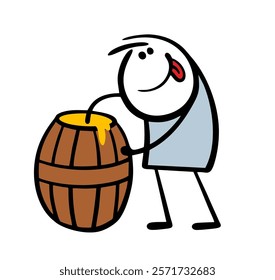 Hungry child puts his hand into a barrel of honey and takes out a dessert. Vector illustration of stickman eating bee nectar and licking his lips. Funny cartoon character on white background.