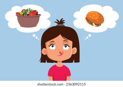 
Niño hambriento pensando qué comer para la caricatura del vector de almuerzo. Niño gracioso decidiendo entre comidas sanas y no saludables para el almuerzo
