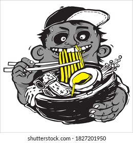 Hungry comic boy eating delicious ramen noodle.