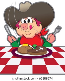 Hungry cowboy pig getting ready to eat a hearty meal.