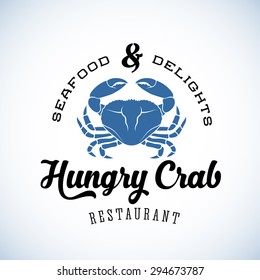 Hungry Crab Restaurant Abstract Vector Retro Logo Template or Vintage Label with Typography. Isolated