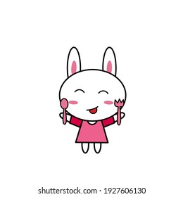 Hungry cute rabbit girl character holding spoon and fork vector illustration. Ready to eating. Design for mascot icon, logo, postcard, banner, poster, sticker