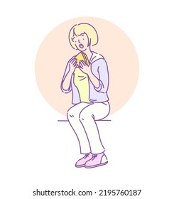 Hungry cute teenage girl sitting and eating sandwich. Blonde girl student enjoying of eating of fast food meal between classes at school. Schoolgirl in casual clothes with open mouth hand drawn vector