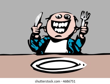 A hungry diner waits happily for dinner. He is crazy with joy.