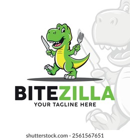 Hungry Dino Cartoon Character Logo, An Awesome and Unique Mascot Logo Illustration for your playful company, Perfect for Restaurant food shops, Animal Food Icon concept.