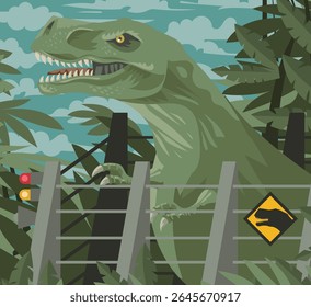 hungry dinosaur tyrannosaur rex in a cage