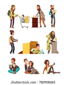 Hungry dirty homeless people. Adult woman and man begging money vector characters set. Homeless and problem with home and work illustration