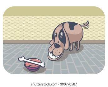 Hungry dog about to eat a bone. Vector Illustration.