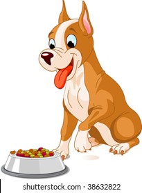 Hungry dog about to eat a bowl of dog food