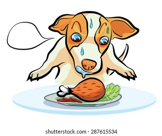 hungry dog with chicken fried cartoon vector