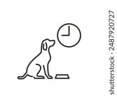 hungry dog and clock linear icon, time to feed your dog concept, starving pet asking for more lunch, isolated linear vector illustration