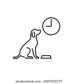 hungry dog and clock linear icon, time to feed your dog concept, starving pet asking for more lunch, isolated linear vector illustration