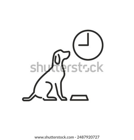 hungry dog and clock linear icon, time to feed your dog concept, starving pet asking for more lunch, isolated linear vector illustration