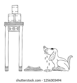 Hungry dog longs for feeding. Empty bowl. Feed for the dog. Hand drawn picture. Vector illustration for coloring page.