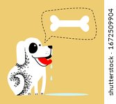 hungry dog. pet dreams to eat bone. drooling from the mouth of the animal. hungry white dog with red tongue on a yellow background and a puddle of saliva. cute cartoon vector illustration.