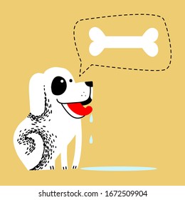 hungry dog. pet dreams to eat bone. drooling from the mouth of the animal. hungry white dog with red tongue on a yellow background and a puddle of saliva. cute cartoon vector illustration.