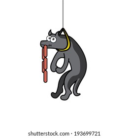 Hungry dog with sausage in leash - cartoon funny character for game and print