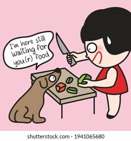 Hungry Dog Waiting Girl Owner Cooking A Food In A Kitchen Concept Card Character illustration