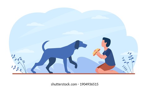 Hungry dog walking to boy with food. Hot dog, kid, canine flat vector illustration. Domestic animals and homeless pets concept for banner, website design or landing web page