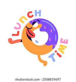 Hungry donut with frosting, sprinkles hurries to eating. Cute character of food runs, rushing with showing tongue. Funny lunch time sticker. Flat isolated vector illustration on white background
