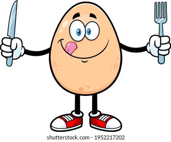 Hungry Egg Cartoon Mascot Character Licking His Lips And Holding Silverware. Vector Illustration Isolated On White Background