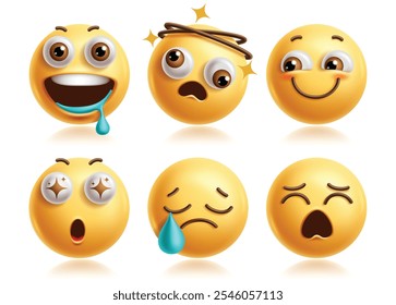 Jogo de vetor de personagens emojis famintos. Drooling personagens de clip art emoji com dor tonto, tímido, surpresa, choro e triste expressão facial coleção ícone amarelo. Elemento emoticon faminto de ilustração vetorial