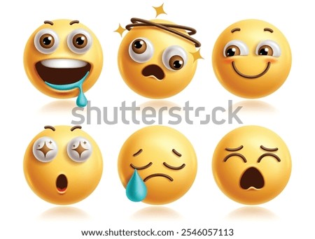 Hungry emoji characters vector set. Drooling emoji clip art characters with hurt dizzy, shy, surprise, cry and sad facial expression yellow icon collection. Vector illustration hungry emoticon element