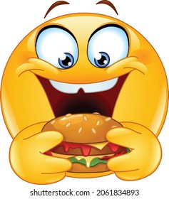 Hungry emoji emoticon eating a vegan burger