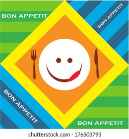 Hungry emoticon with fork and knife, bon appetit