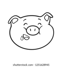 Hungry emoticon icon. Emoji pig is slobbering. Cool little pig for coloring book.