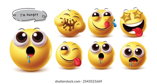 Jogo de caracteres de vetor emoji face faminto. Emojis faminto, babando, gostoso, ansioso, lamber e morrendo de fome em feliz, impertinente, triste, sorriso e expressão facial piscando em amarelo emoticon personagem. Vetor 